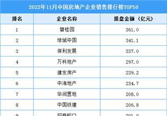 2022年11月中国房地产企业销售排行榜TOP50