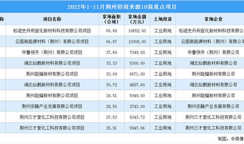 产业招商情报：2022年1-11月荆州招商来源10强重点项目