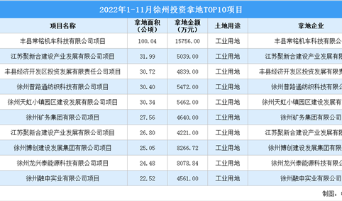 产业招商情报：2022年1-11月徐州投资拿地TOP10项目