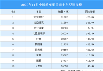 2022年11月中国轿车销量前十车型排行榜（附榜单）