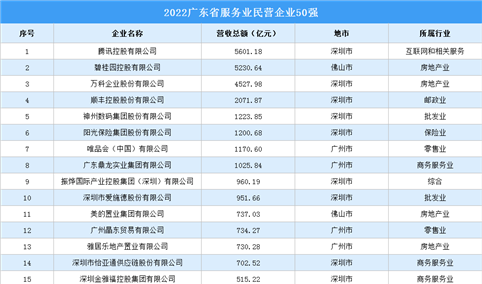 2022广东省服务业民营企业50强排行榜（附榜单）