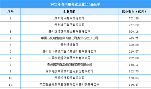 2022年贵州服务业企业100强名单（附完整榜单）