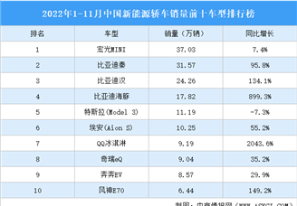 2022年1-11月中国新能源轿车销量前十车型排行榜（附榜单）