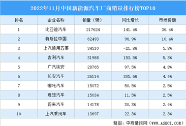2022年11月中国新能源汽车厂商销量排行榜TOP10（附榜单）
