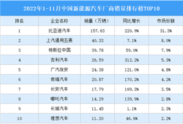 2022年1-11月中国新能源汽车厂商销量排行榜TOP10（附榜单）