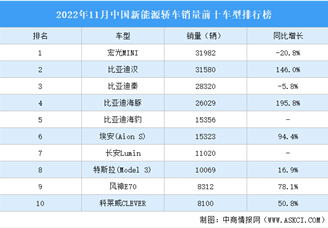 2022年11月中國新能源轎車銷量前十車型排行榜（附榜單）