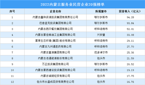 2022内蒙古服务业民营企业20强榜单（附榜单）