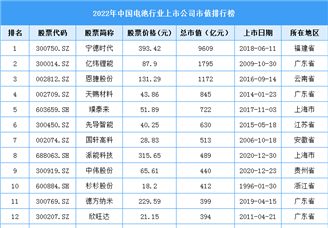 2022年度中国电池行业上市公司市值排行榜（图）