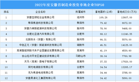 投资增速加快 2022年安徽省制造业土地投资TOP50超28亿元