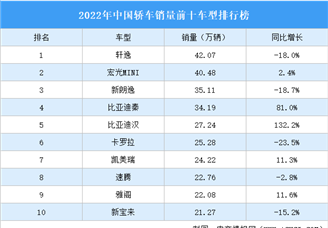 2022年中国轿车销量前十车型排行榜（附榜单）