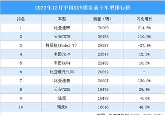 2022年12月中国SUV销量前十车型排行榜（附榜单）