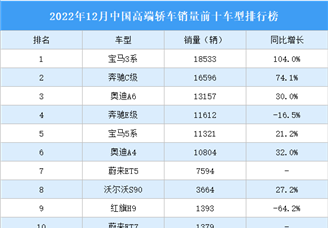 2022年12月中国高端轿车销量前十车型排行榜（附榜单）