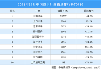 2021年12月中国皮卡厂商销量排行榜TOP10（附榜单）