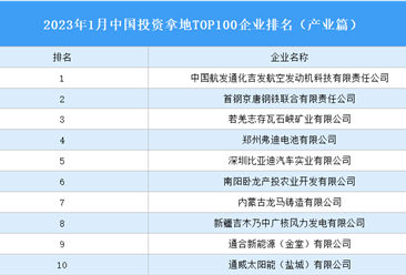 产业投资情报：2023年1月中国投资拿地TOP100企业排行榜（产业篇）