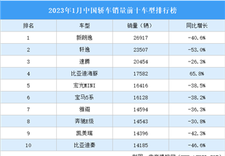 2023年1月中国轿车销量前十车型排行榜（附榜单）
