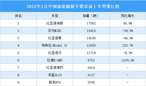 2023年1月中国新能源轿车销量前十车型排行榜（附榜单）