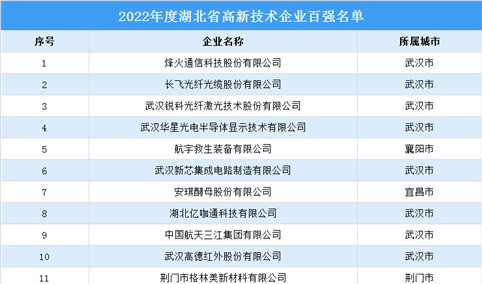 2022年度湖北省高新技术企业百强榜单（附全榜单）