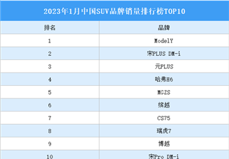 2023年1月中国SUV品牌销量排行榜TOP10（附榜单）