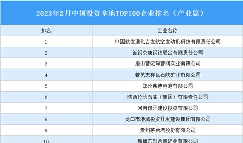 产业投资情报：2023年2月中国投资拿地TOP100企业排行榜（产业篇）