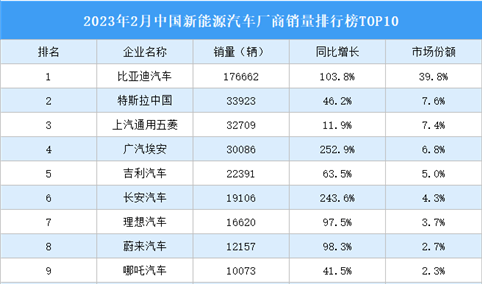 2023年2月中国新能源汽车厂商销量排行榜TOP10（附榜单）