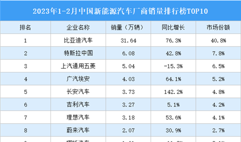 2023年1-2月中国新能源汽车厂商销量排行榜TOP10（附榜单）