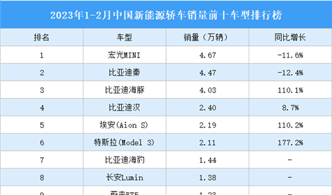 2023年1-2月中国新能源轿车销量前十车型排行榜（附榜单）