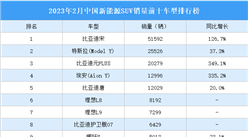 2023年2月中國新能源SUV銷量前十車型排行榜（附榜單）