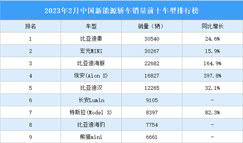 2023年2月中国新能源轿车销量前十车型排行榜（附榜单）