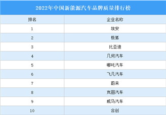 2022年中国新能源汽车品牌质量排行榜（附榜单）