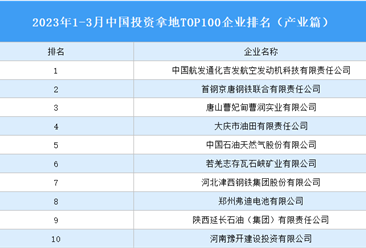 产业投资情报：2023年1-3月中国投资拿地TOP100企业排行榜（产业篇）