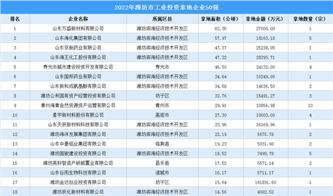 【产业投资情报】2022年潍坊工业土地投资50强企业总投资超55亿