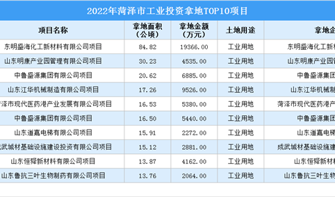 2022年度菏泽市10大工业土地投资项目，涉地面积近245公顷