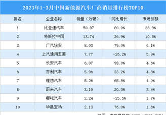 2023年1-3月中国新能源汽车厂商销量排行榜TOP10（附榜单）