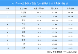2023年1-3月中国新能源汽车销量前十企业集团排行榜（附榜单）