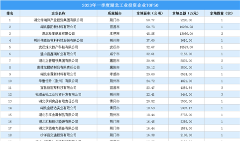 【工业投资盘点】2023年一季度湖北省工业土地投资TOP50企业总投资近17亿