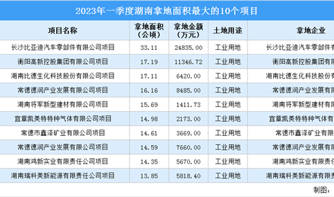 2023年一季度湖南工业土地投资规模最大的十个项目，涉地面积近172公顷