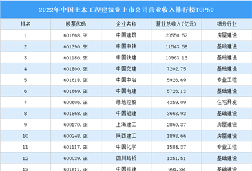 2022年中国土木工程建筑业上市公司营业收入排行榜TOP50（附榜单）