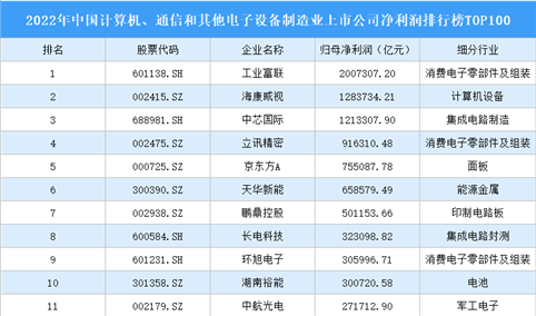 2022年中国计算机、通信和其他电子设备制造业上市公司净利润排行榜TOP100（附榜单）