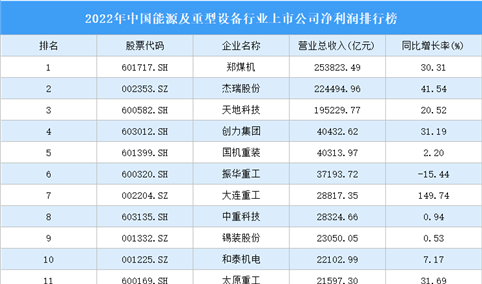 2022年中国能源及重型设备行业上市公司净利润排行榜（附全榜单）