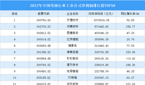 2022年中国电池行业上市公司净利润排行榜TOP50（附榜单）