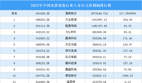 2022年中国光伏设备行业上市公司净利润排行榜（附全榜单）