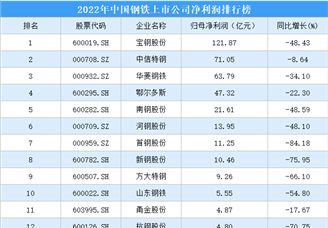2022年中国钢铁行业上市公司净利润排行榜（附全榜单）