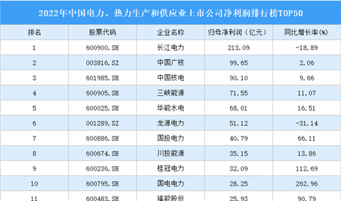 2022年中国电力、热力生产和供应业上市公司净利润排行榜TOP50（附榜单）