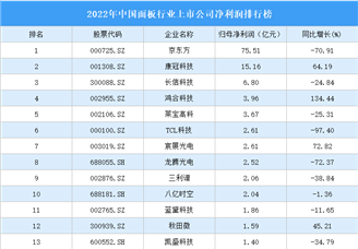 2022年中国面板行业上市公司净利润排行榜（附全榜单）