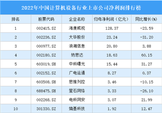 2022年中国计算机设备行业上市公司净利润排行榜（附全榜单）