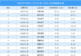 2022年中国军工电子行业上市公司净利润排行榜（附全榜单）