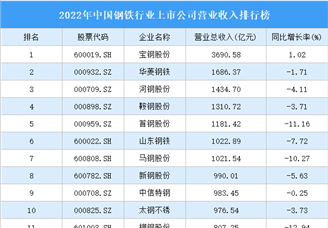 2022年中国钢铁行业上市公司营业收入排行榜（附全榜单）