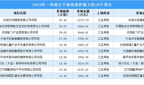 2023年一季度辽宁工业土地投资规模最大的十个项目，涉地面积近195公顷