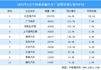 2023年5月中国新能源汽车厂商销量排行榜TOP10（附榜单）