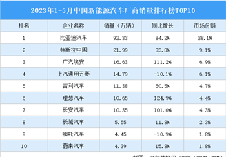 2023年1-5月中国新能源汽车厂商销量排行榜TOP10（附榜单）